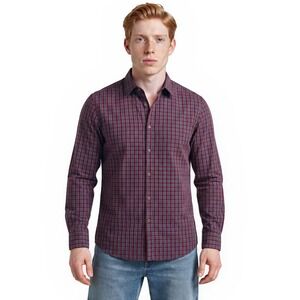 New Quieti Performance Men's Size Medium Red Blue Plaid Stretch Dress Shirt Top